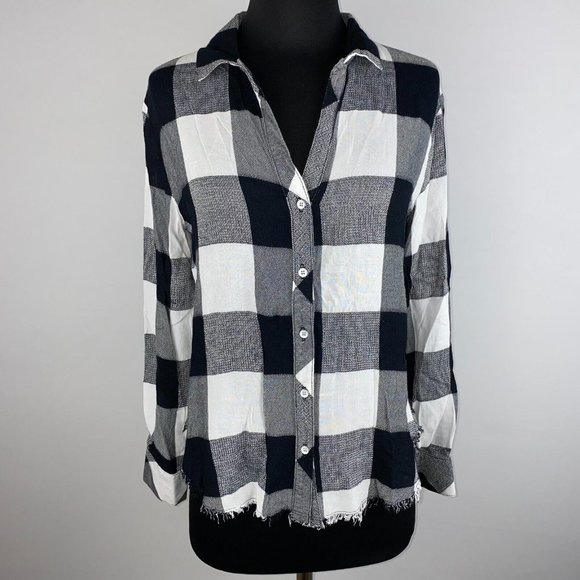 Bella Dahl XS Plaid Collared Button Up Front & Back Hi-Lo Fringe Hem Top - Picture 1 of 12